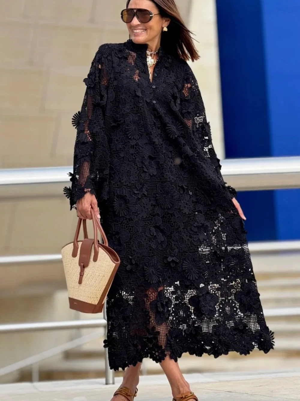 La Vie Style House Caftan Navy Lace Floral Dress